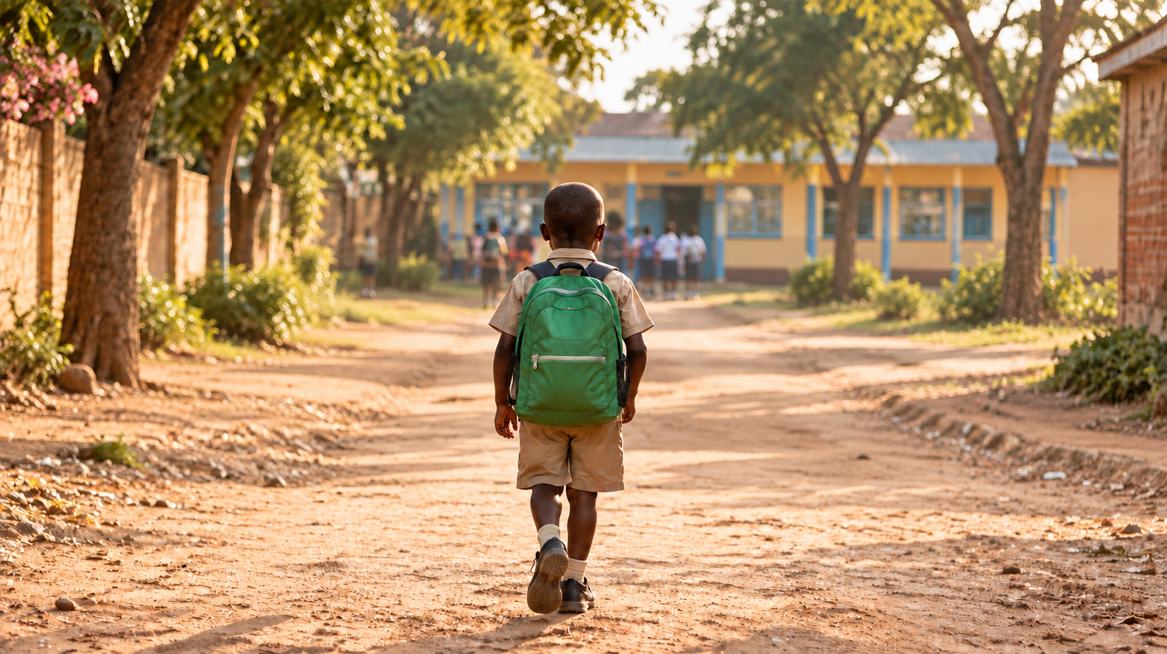Child walking to school with a green backpack
